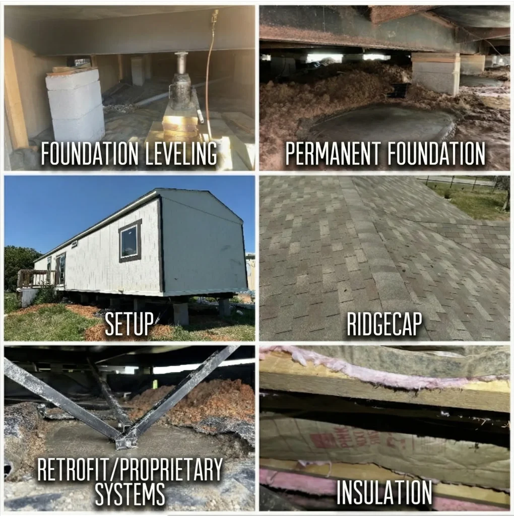 Six image collage showing mobile home foundation leveling, permanent foundation, setup, ridgecap, retrofit systems, and insulation.